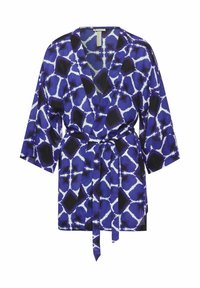 Kimono-stijl badjas in blauw, wit en zwart geometrisch print, met brede mouwen, een strikceintuur en een gladde, gestructureerde stof.