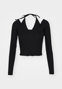 Schwarzes Longsleeve-Oberteil mit gerippter Textur, croppendem Design, tiefem V-Ausschnitt und Bindebändern an den Schultern.