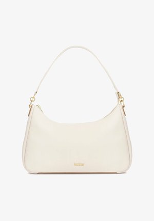 Geantă mică de umăr din piele crem, cu fermoar auriu și logo minimalist auriu „kazar” pe față.