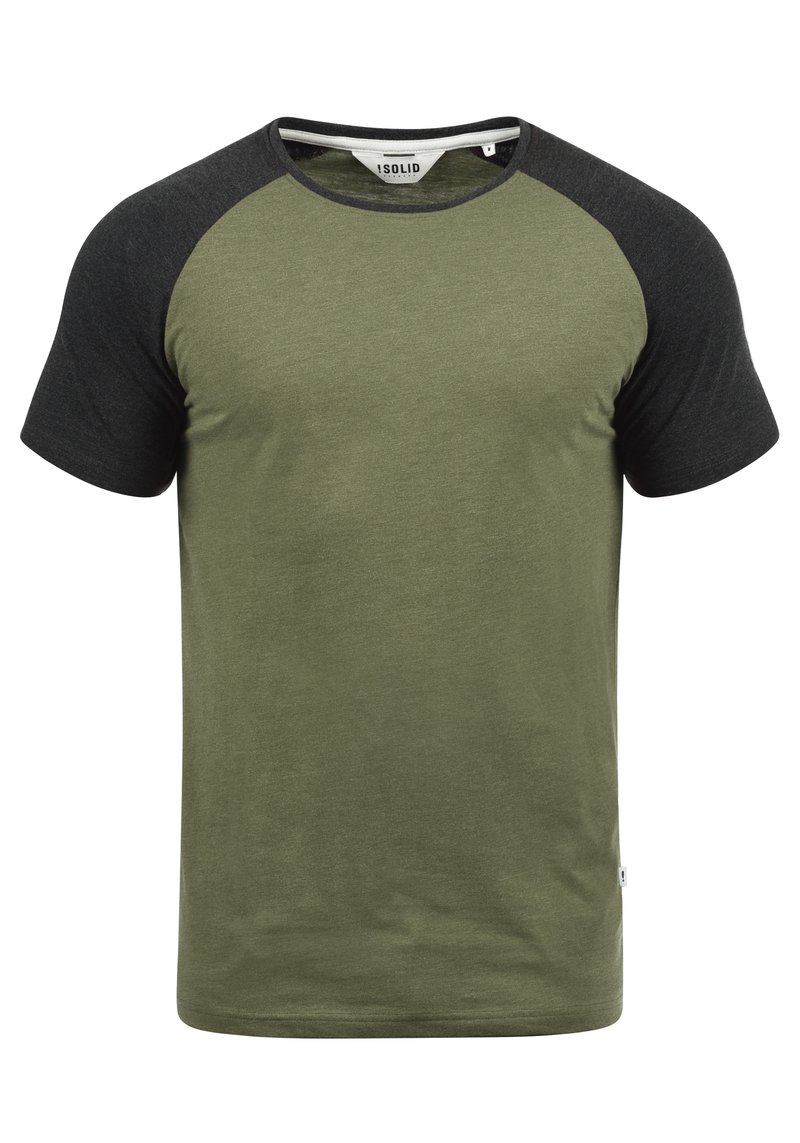 Olive green t-shirt with black raglan sleeves. Crew neck design, soft texture, and a small logo on the side hem. No patterns or embellishments.
