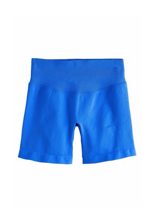 Bright blue seamless athletic shorts with wide ribbed waistband and mid-thigh length, laid flat on a white background.
