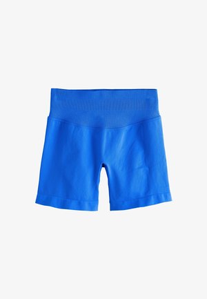 Jasnoniebieskie, bezszwowe spodenki sportowe z szerokim, prążkowanym pasem i długością do połowy uda, ułożone płasko na białym tle.