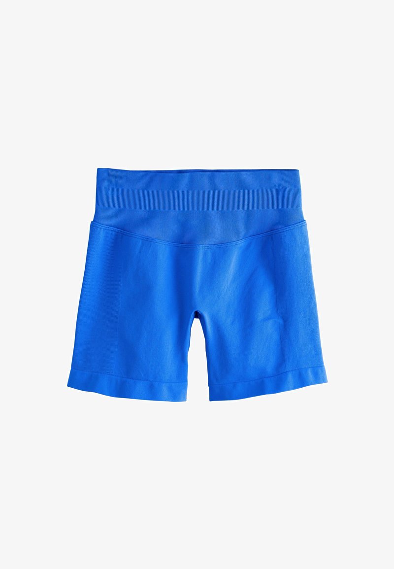 Shorts de sport bleu vif sans couture avec une large ceinture côtelée et une longueur mi-cuisse, posés à plat sur un fond blanc.