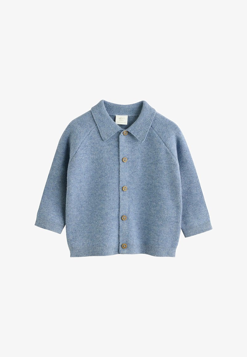Cardigan blu in maglia con colletto, chiusura frontale a bottoni e maniche raglan. Caratterizzato da bottoni in legno e una finitura morbida e testurizzata.