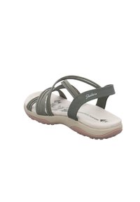 Sandalias sintéticas grises con múltiples correas elásticas, plantilla texturizada y una suela exterior de un beige claro. Presenta la marca Skechers.
