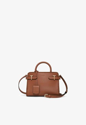 Braune Lederhandtasche mit klarer Form, Tragegriff oben, abnehmbarem Schulterriemen, goldfarbenen Beschlägen und aufwändiger seitlicher Nahtverzierung.