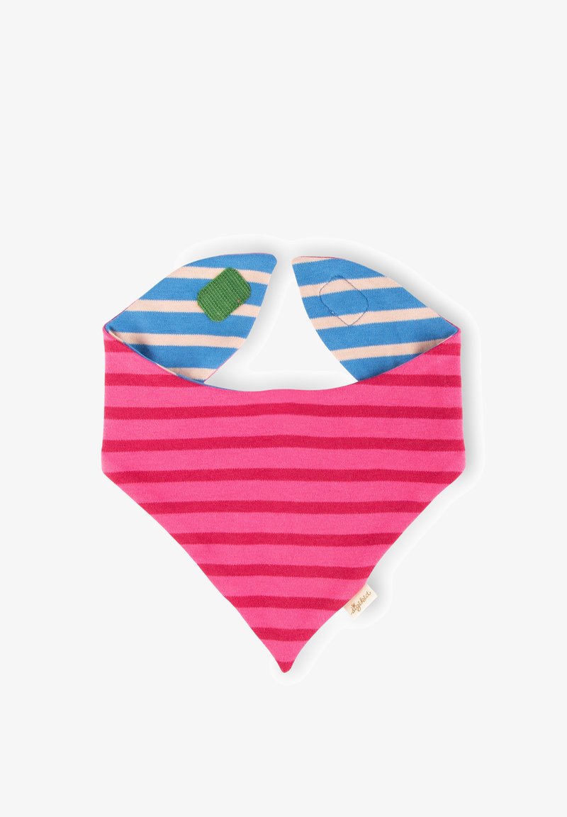 Pink striped bib with a bandana shape. Features blue and white striped ear accents and green and blue patches on each ear. Soft fabric.