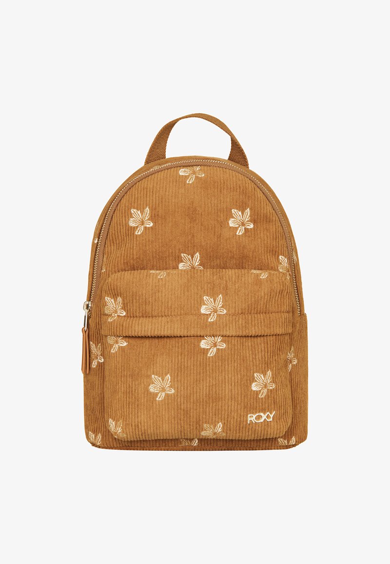 Korduroy-reppu lämpimässä ruskeassa värissä, kukkakirjonta, etutasku ja logotieto, jossa on pyöristetty yläosa ja kangashihnat.
