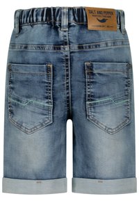 Denimshorts i ljusblått med elastisk midja, uppvikta ben och två bakfickor med kontrasterande sömmar och etikett.