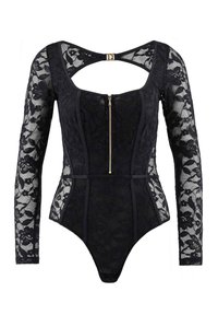 Bodysuit en dentelle noire avec manches longues, doté d'une fermeture éclair à l'avant et d'un motif floral. Design à dos découpé, agrémenté d'un accent matériel subtil.
