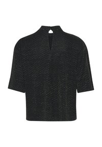 Top nero a maniche corte caratterizzato da una trama texturizzata con accenti metallici dorati, scollatura alta e apertura a forma di chiave sulla schiena.