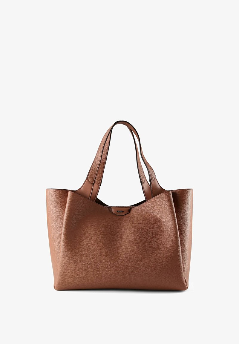 Sac fourre-tout en cuir marron texturé avec doubles anses d'épaule et petit logo embossé au centre avant.