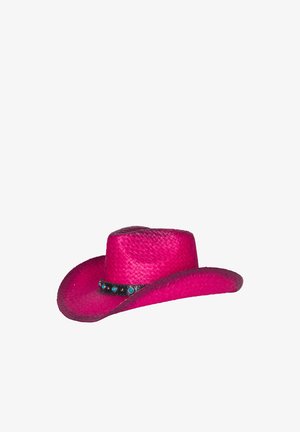 Pălărie de cowboy roz aprins împletită, cu o bandă neagră decorată cu pietre turcoaz pe fundal alb.