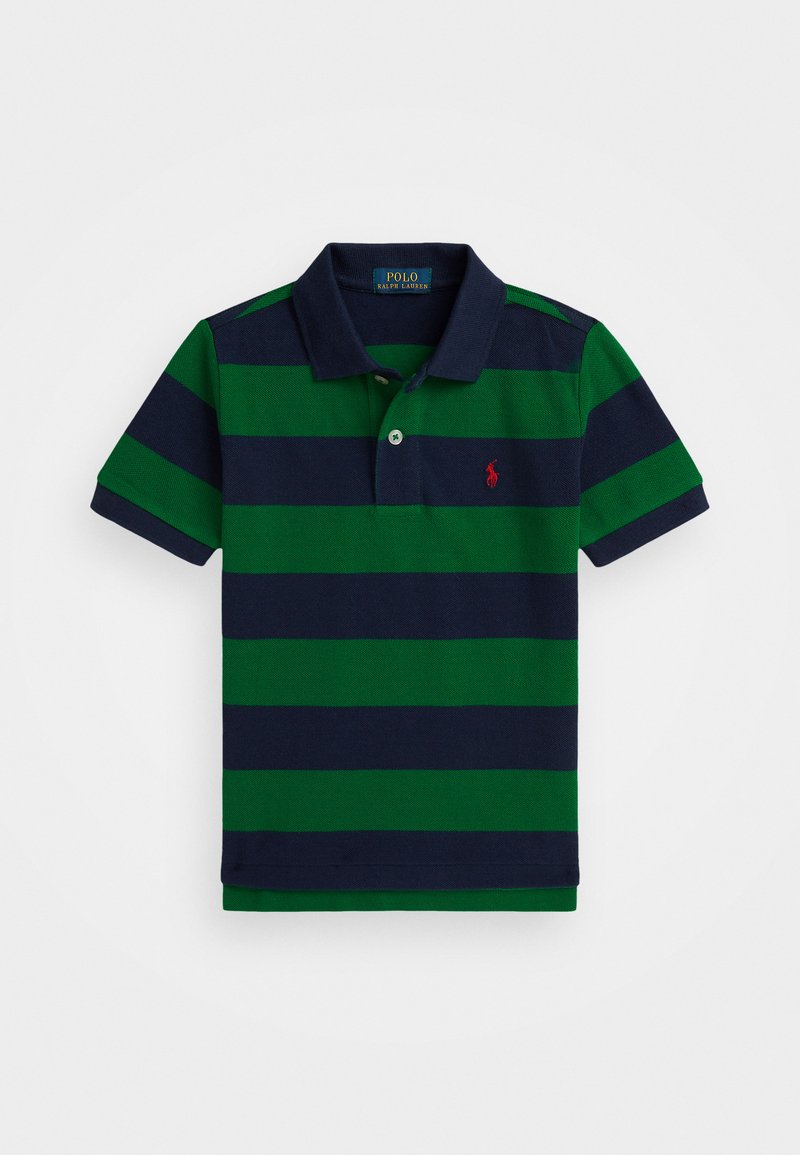 Zeleno-námornícky pruhovaný polo tričko vyrobené z bavlny, s golierom, krátkymi rukávmi a malým červeným logom na hrudi.