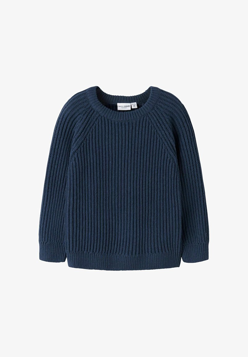 Sweter dzianinowy w ciemnoniebieskim kolorze z prążkowaną teksturą, z okrągłym dekoltem i rękawami raglanowymi. Wykończenie dołu jest proste i casualowe.