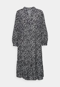 Schwarz-weißer gemusterter Kleid mit langen Ärmeln, einem V-Ausschnitt und einem gestuften Rock. Hergestellt aus leichtem, fließendem Stoff mit lässiger Passform.