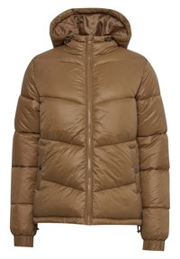 Hnedá prešívaná bunda s kapucňou, ktorá má plný zips, prešívanú textúru a elastické manžety. Predné vrecká s cvokmi.