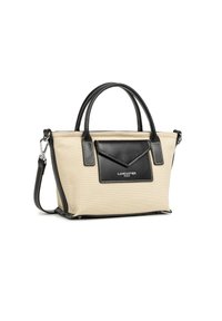 Borsa a mano in tela beige con dettagli in pelle nera e una tasca frontale. Presenta manici doppi e una tracolla regolabile. Dettagli di cucitura visibili.