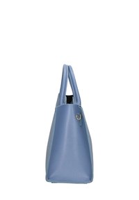 Borse in pelle blu con due manici, forma rettangolare, texture sottile e cuciture a contrasto di un blu chiaro lungo i bordi.