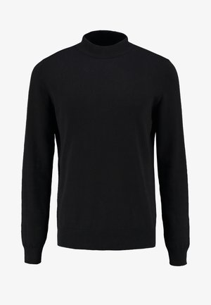 Schwarzer Strickpullover mit hohem Kragen, langen Ärmeln und gerippten Bündchen und Saum, der eine glatte Textur und eine klassische Silhouette aufweist.