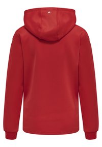 Rode hoodie met een ronde kap, lange mouwen, ribgebreide manchetten en een zachte textuur. Bevat een klein logo op de nek achteraan.