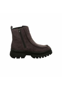 Lila Wildleder-Ankle Boots mit einem seitlichen Reißverschluss, runder Spitze und einer klobigen schwarzen Gummisohle mit strukturiertem Profil.