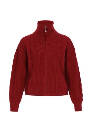 Rode gebreide trui met hoge kraag, voorritssluiting, kabelbreiaccenten op de mouwen en een textuur in het lichaam. Lange mouwen, Relaxed fit.