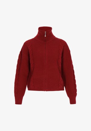 Rot gestrickter Pullover mit hohem Kragen, Frontreißverschluss, Kabelstrick-Details an den Ärmeln und strukturiertem Körper. Lange Ärmel, lockere Passform.