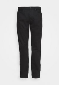 Vaqueros negros de corte recto hechos de mezclilla, con cierre de botón, cinco bolsillos y detalles de costuras a lo largo de las costuras.