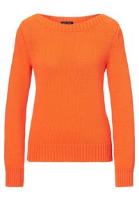 Maglione lungo a maniche corte di colore arancione brillante, con scollatura a girocollo e polsini e bordo a coste, etichettato "Marc O'Polo".