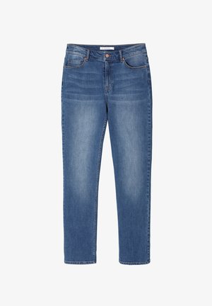 Blaue Denim-Jeans mit geradem Bein, fünf Taschen und dezentem Verblassen. Mit Knopfverschluss und Gürtelschlaufen am Bund.