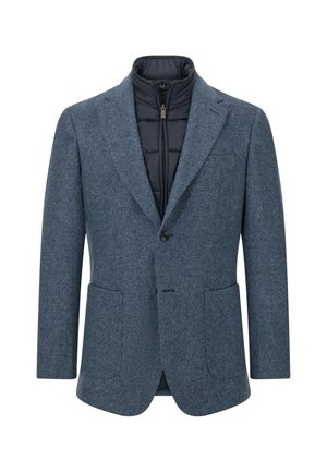 Blazer azzurro chiaro a spina di pesce con fodera imbottita scura. Presenta due tasche frontali e una chiusura con bottone singolo. Tessuto dalla texture liscia.