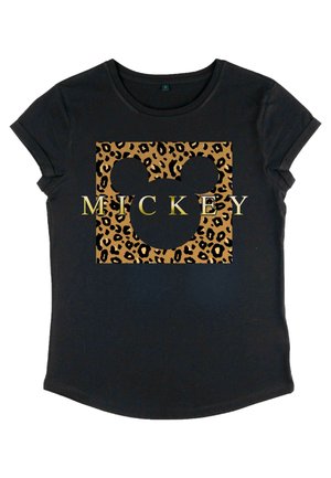 Black t-shirt featuring a leopard print square with a Mickey Mouse silhouette and the word "MICKEY" in gold lettering below. Short sleeves.