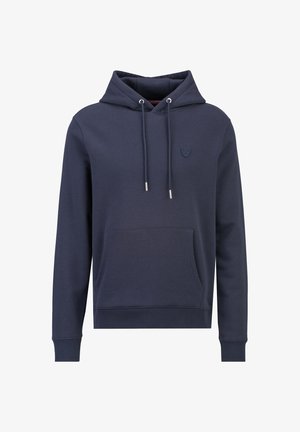 Marineblauwe hoodie met voorzak, verstelbare capuchon met trekkoord, geribbelde boorden en klein geborduurd logo op de linkerborst.
