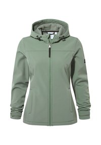 Green softshell jacket with a zip closure, adjustable hood, two front pockets, and elastic cuffs. Smooth, water-resistant fabric.
