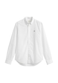 Hvid skjorte med lange ærmer, knapper foran, en krave og et lille broderet logo på venstre bryst.