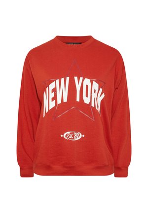 Rotes Sweatshirt mit "NEW YORK" in weißem Text, großem Stern-Graphic und "Est. '89"-Logo. Aus weichendem Stoff mit lockerer Passform.