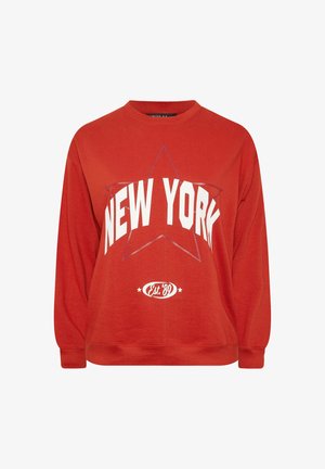 Rotes Sweatshirt mit "NEW YORK" in weißem Text, großem Stern-Graphic und "Est. '89"-Logo. Aus weichendem Stoff mit lockerer Passform.