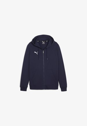 Navyblaue Zip-Hoodie aus weichem Stoff. Verfügt über eine vordere Kängurutasche und ein weißes Puma-Logo auf der linken Brustseite.