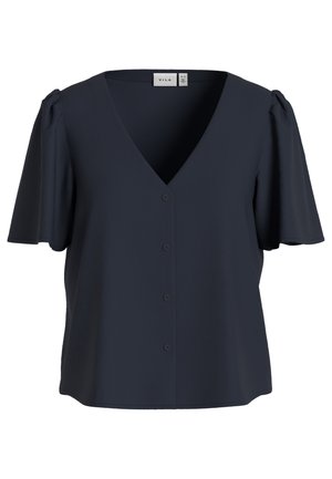 Blouse bleu marine à manches courtes, col en V, boutons sur le devant et manches légèrement bouffantes, étiquetée "VILA".