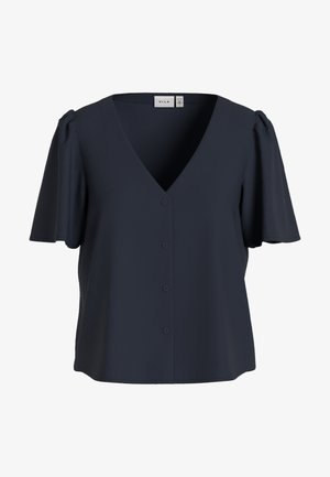 Blouse bleu marine à manches courtes, col en V, boutons sur le devant et manches légèrement bouffantes, étiquetée "VILA".