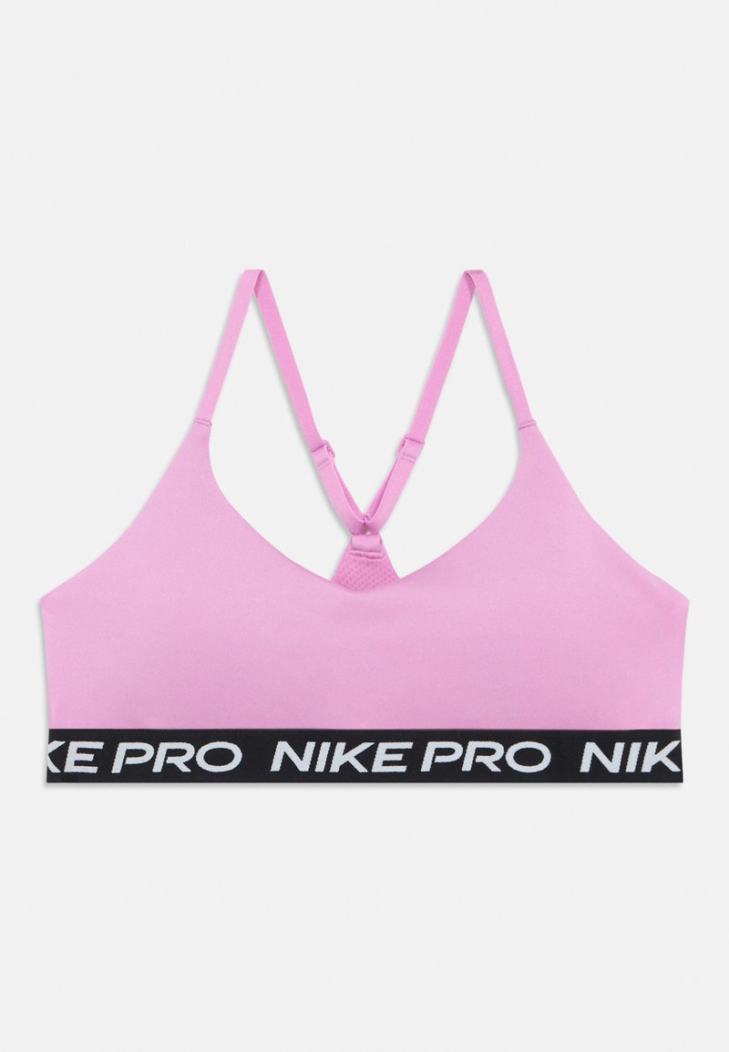 Ανοιχτό ροζ αθλητικό σουτιέν με λεπτές ρυθμιζόμενες τιράντες που σχηματίζουν racerback, και μαύρη ελαστική ταινία με λευκό λογότυπο "NIKE PRO".