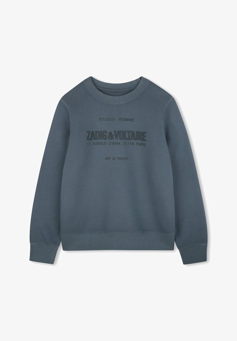 Felpa grigia con scollo rotondo e maniche lunghe. Presenta un testo nero in grassetto sulla parte anteriore, realizzata in morbido cotone.