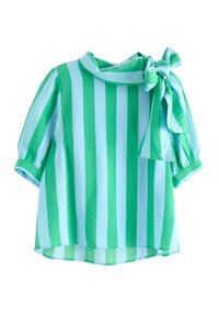 Grå- och blårandig blus med korta puffärmar, rund halsringning och knytaccent på sidan. Lättviktsmaterial, avslappnad passform.