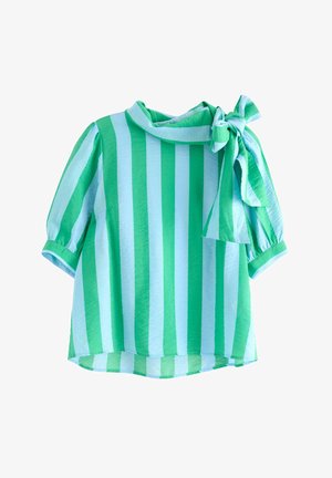 Grå- och blårandig blus med korta puffärmar, rund halsringning och knytaccent på sidan. Lättviktsmaterial, avslappnad passform.