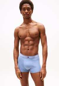 Light blue boxer shorts made of soft fabric, featuring a contrasting waistband with "TOMMY HILFIGER" logo and a red and white accent.