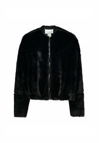 Giacca bomber nera in pelliccia sintetica con zip frontale, collo rotondo e maniche lunghe. Texture morbida e polsini elasticizzati alle estremità delle maniche.
