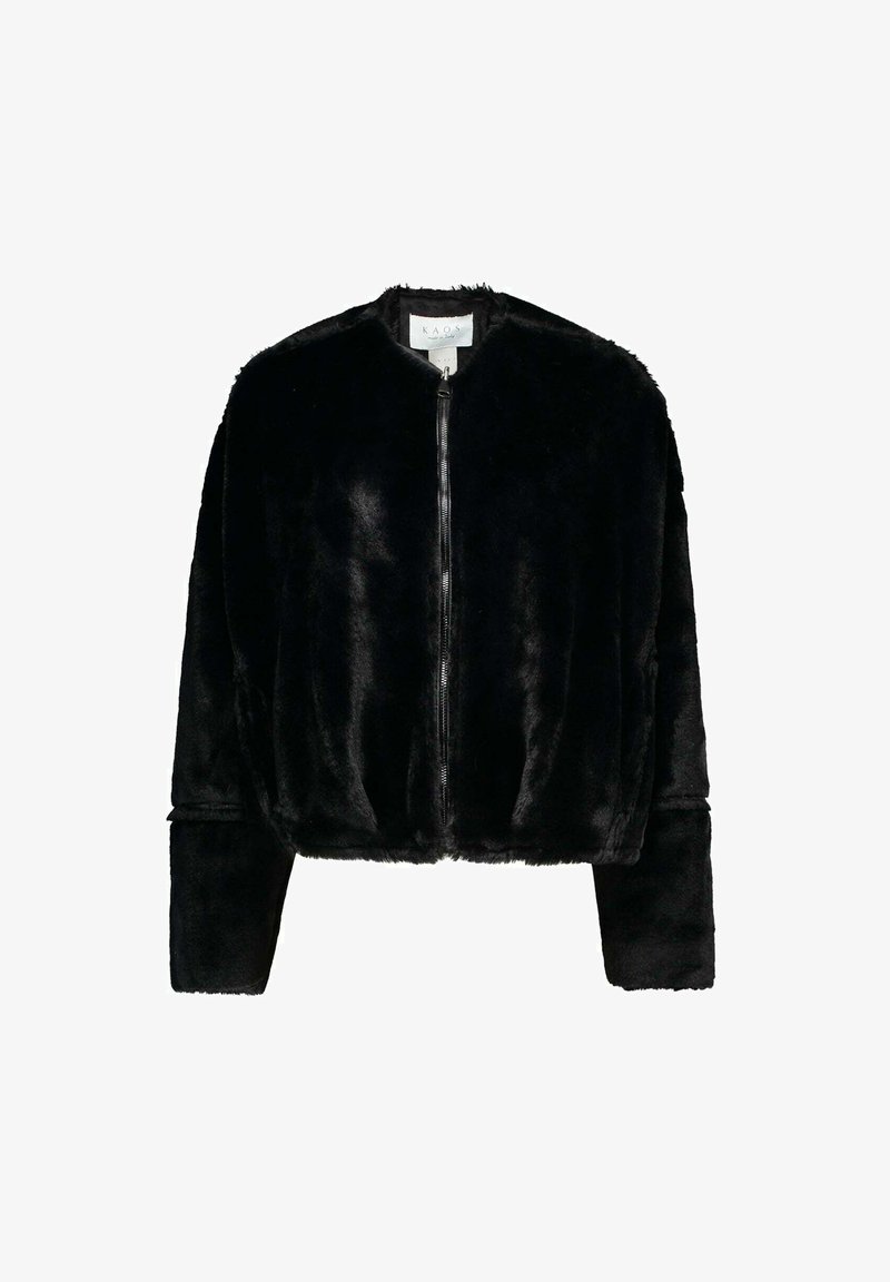 Veste bomber en fausse fourrure noire avec une fermeture éclair à l'avant, un col arrondi et des manches longues. Texture douce et poignets élastiques au bas des manches.