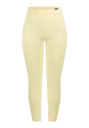 Gelbe Leggings mit hohem Bund, hergestellt aus einem glatten, dehnbaren Material. Das Design ist figurbetont und reicht bis zum Knöchel, ohne sichtbare Muster.