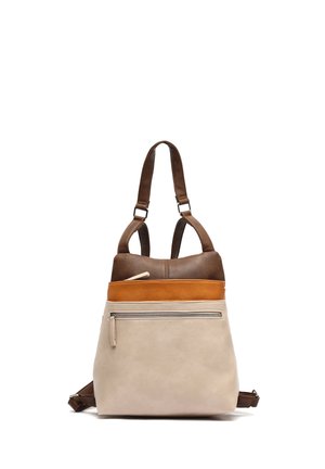 Small backpack with beige, orange, and brown color blocks, front zipper pocket, and adjustable shoulder straps on a white background.